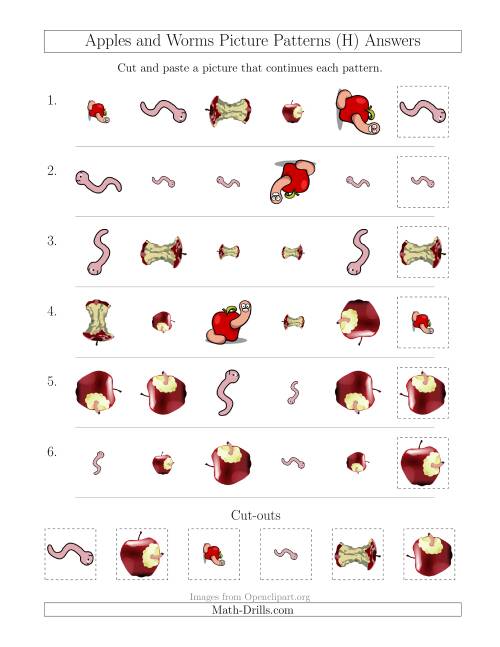 The Apples and Worms Picture Patterns with Shape, Size and Rotation Attributes (H) Math Worksheet Page 2