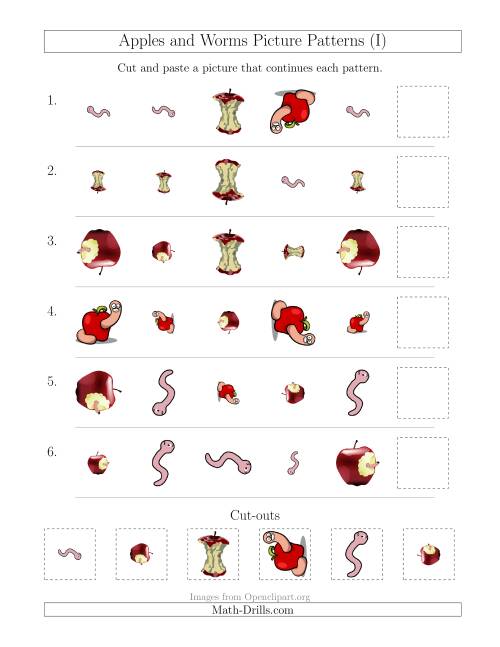 The Apples and Worms Picture Patterns with Shape, Size and Rotation Attributes (I) Math Worksheet