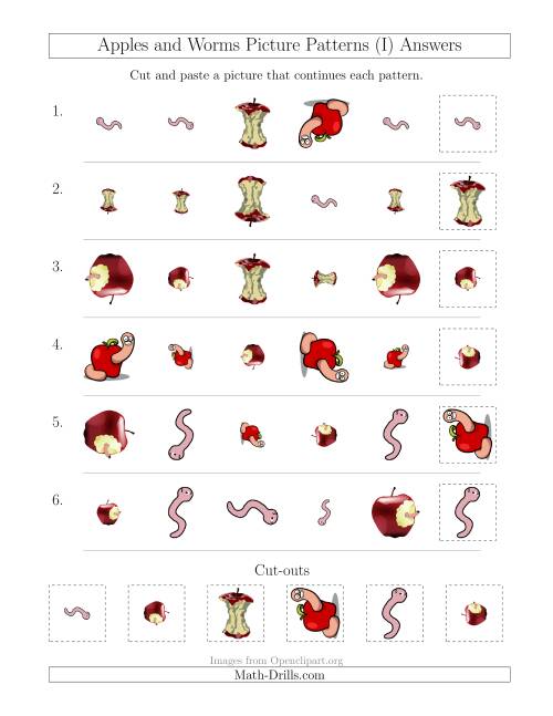 The Apples and Worms Picture Patterns with Shape, Size and Rotation Attributes (I) Math Worksheet Page 2