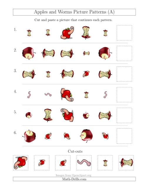 The Apples and Worms Picture Patterns with Shape, Size and Rotation Attributes (All) Math Worksheet