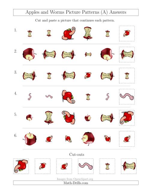 The Apples and Worms Picture Patterns with Shape, Size and Rotation Attributes (All) Math Worksheet Page 2