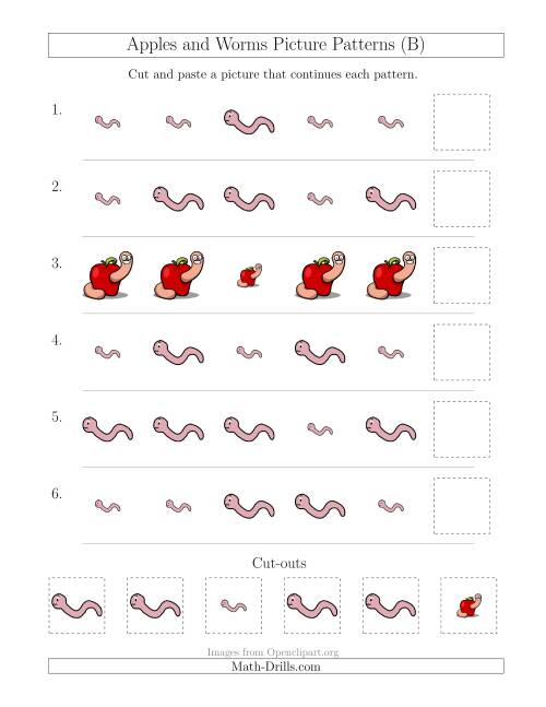 The Apples and Worms Picture Patterns with Size Attribute Only (B) Math Worksheet