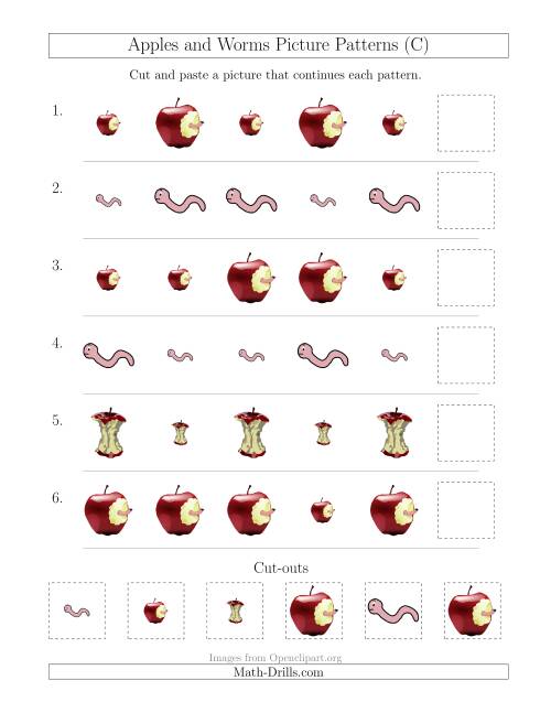 The Apples and Worms Picture Patterns with Size Attribute Only (C) Math Worksheet