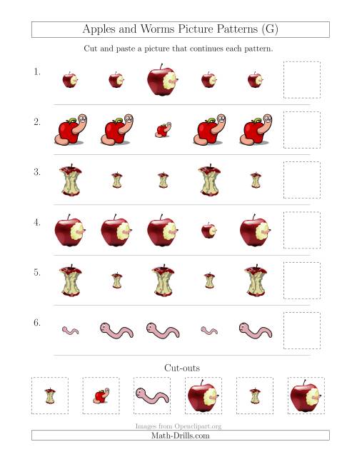 The Apples and Worms Picture Patterns with Size Attribute Only (G) Math Worksheet