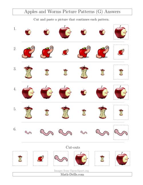 The Apples and Worms Picture Patterns with Size Attribute Only (G) Math Worksheet Page 2