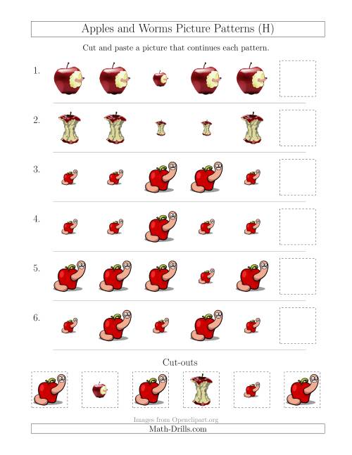 The Apples and Worms Picture Patterns with Size Attribute Only (H) Math Worksheet