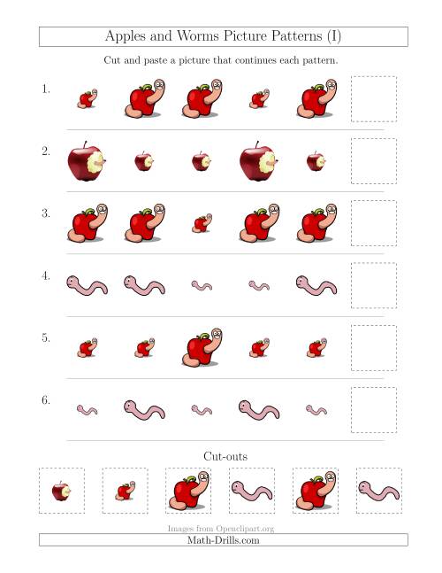 The Apples and Worms Picture Patterns with Size Attribute Only (I) Math Worksheet
