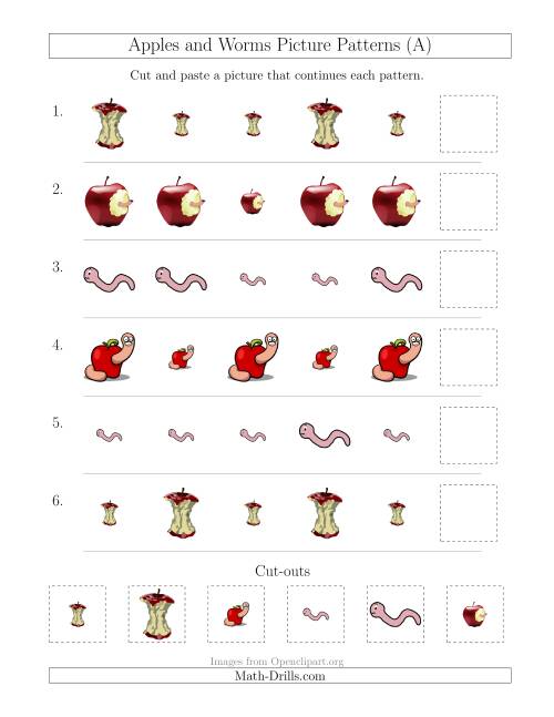 The Apples and Worms Picture Patterns with Size Attribute Only (All) Math Worksheet