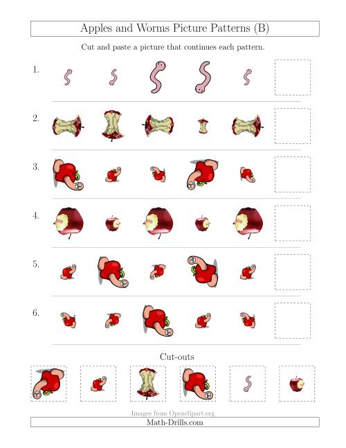 The Apples and Worms Picture Patterns with Size and Rotation Attributes (B) Math Worksheet