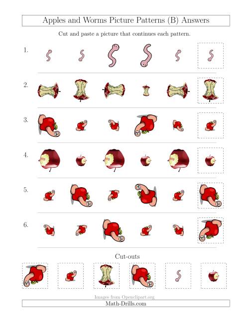 The Apples and Worms Picture Patterns with Size and Rotation Attributes (B) Math Worksheet Page 2