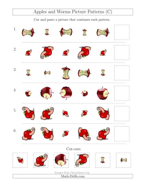 The Apples and Worms Picture Patterns with Size and Rotation Attributes (C) Math Worksheet