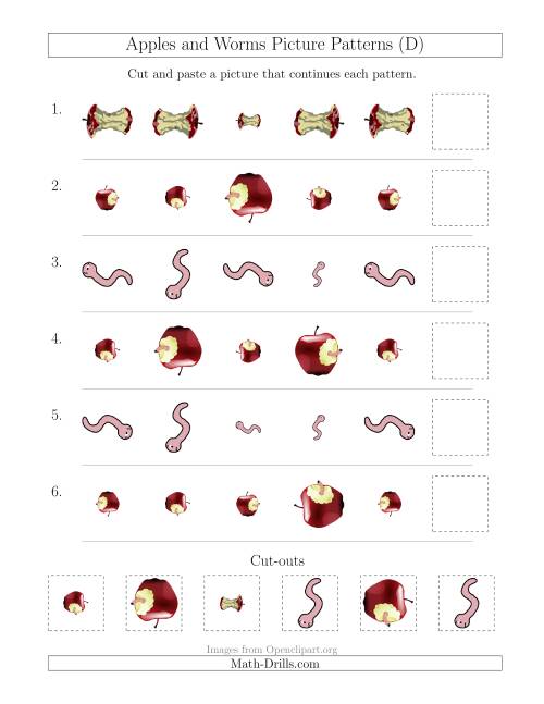The Apples and Worms Picture Patterns with Size and Rotation Attributes (D) Math Worksheet