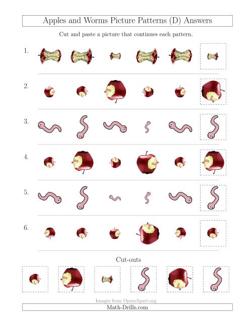 The Apples and Worms Picture Patterns with Size and Rotation Attributes (D) Math Worksheet Page 2