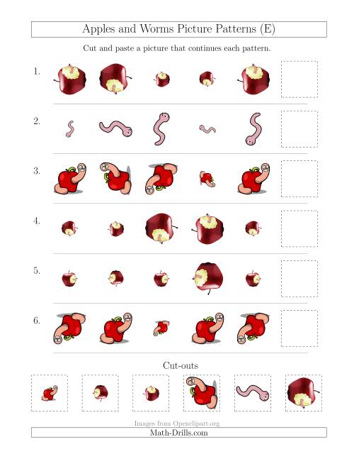 The Apples and Worms Picture Patterns with Size and Rotation Attributes (E) Math Worksheet