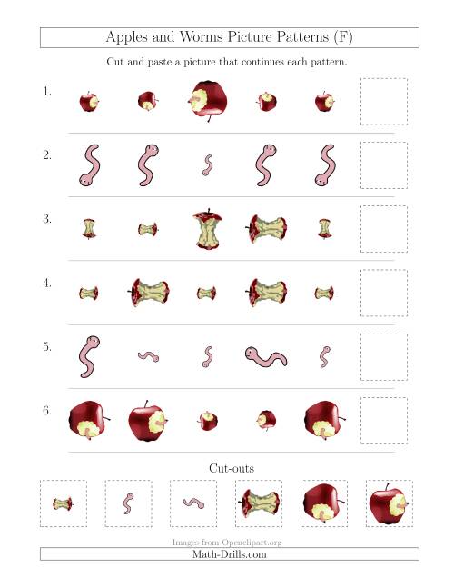 The Apples and Worms Picture Patterns with Size and Rotation Attributes (F) Math Worksheet
