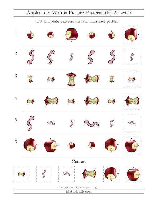 The Apples and Worms Picture Patterns with Size and Rotation Attributes (F) Math Worksheet Page 2