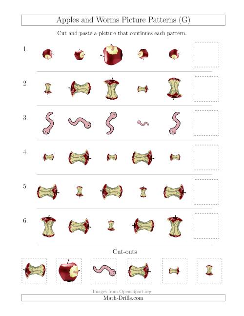 The Apples and Worms Picture Patterns with Size and Rotation Attributes (G) Math Worksheet