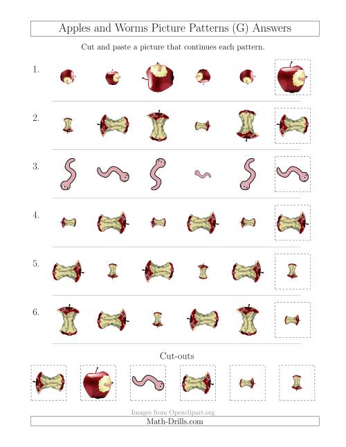 The Apples and Worms Picture Patterns with Size and Rotation Attributes (G) Math Worksheet Page 2