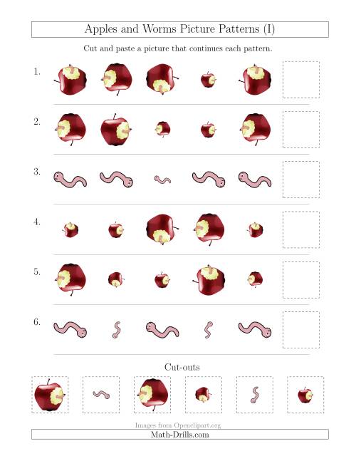 The Apples and Worms Picture Patterns with Size and Rotation Attributes (I) Math Worksheet
