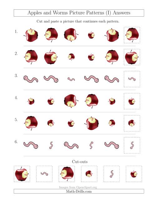The Apples and Worms Picture Patterns with Size and Rotation Attributes (I) Math Worksheet Page 2