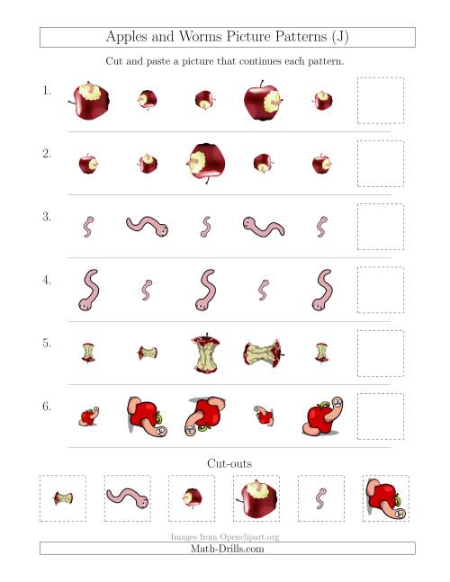 The Apples and Worms Picture Patterns with Size and Rotation Attributes (J) Math Worksheet