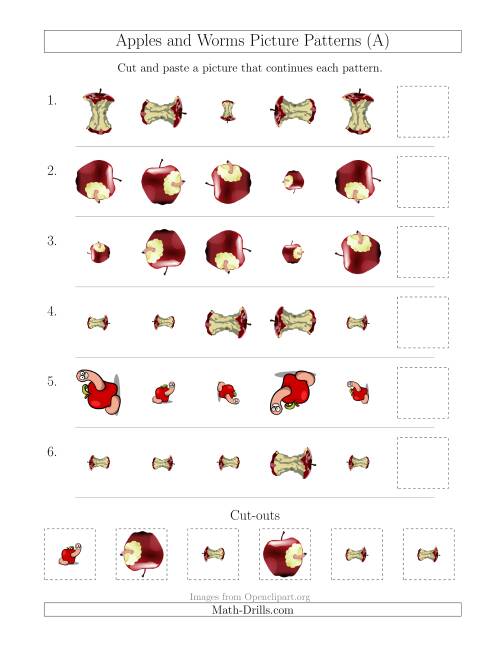 The Apples and Worms Picture Patterns with Size and Rotation Attributes (All) Math Worksheet