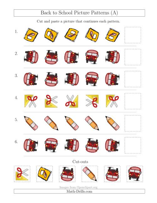The Back to School Picture Patterns with Rotation Attribute Only (A) Math Worksheet