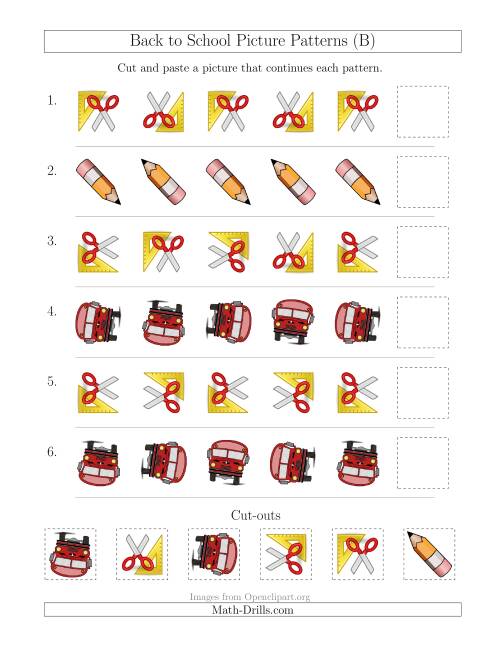 The Back to School Picture Patterns with Rotation Attribute Only (B) Math Worksheet