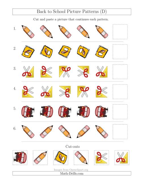The Back to School Picture Patterns with Rotation Attribute Only (D) Math Worksheet