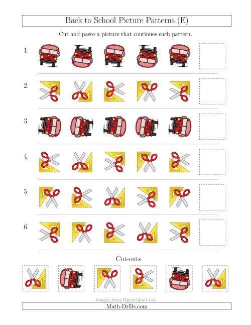 The Back to School Picture Patterns with Rotation Attribute Only (E) Math Worksheet