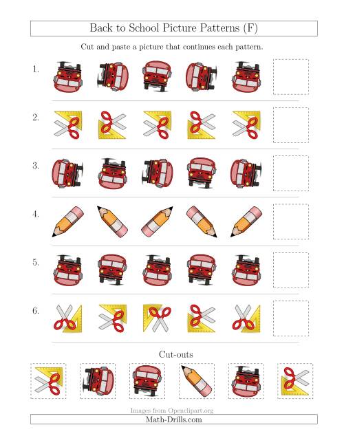 The Back to School Picture Patterns with Rotation Attribute Only (F) Math Worksheet