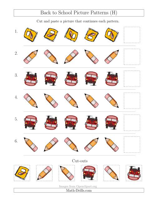 The Back to School Picture Patterns with Rotation Attribute Only (H) Math Worksheet