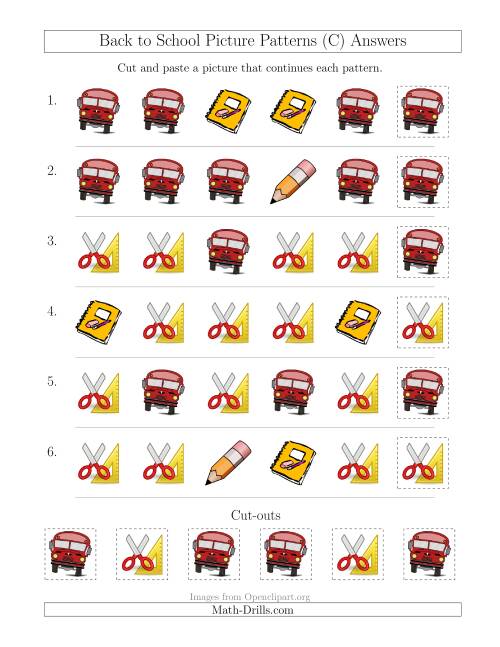The Back to School Picture Patterns with Shape Attribute Only (C) Math Worksheet Page 2