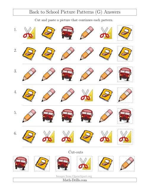 The Back to School Picture Patterns with Shape Attribute Only (G) Math Worksheet Page 2