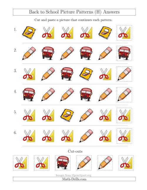 The Back to School Picture Patterns with Shape Attribute Only (H) Math Worksheet Page 2