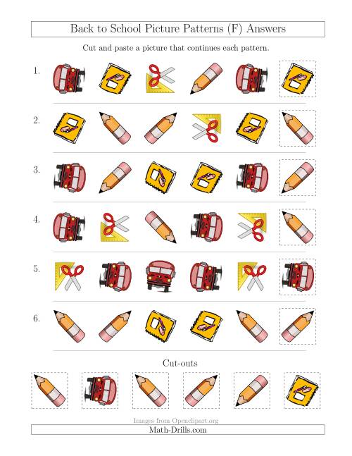 The Back to School Picture Patterns with Shape and Rotation Attributes (F) Math Worksheet Page 2