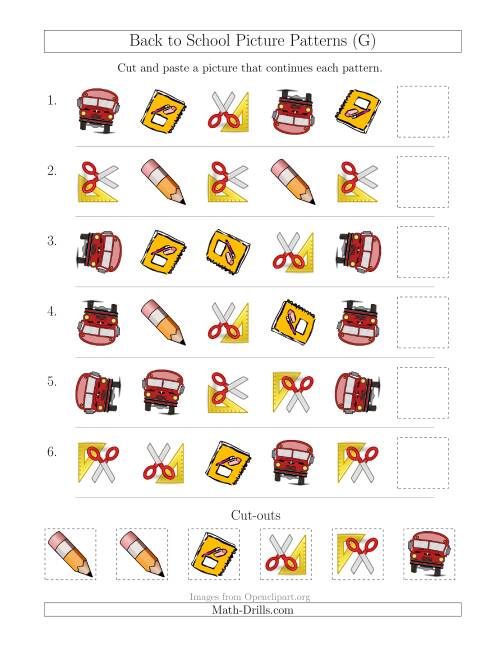 The Back to School Picture Patterns with Shape and Rotation Attributes (G) Math Worksheet