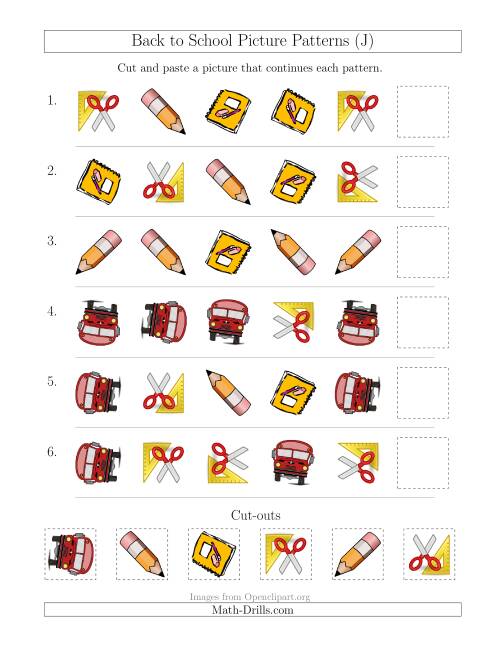 The Back to School Picture Patterns with Shape and Rotation Attributes (J) Math Worksheet