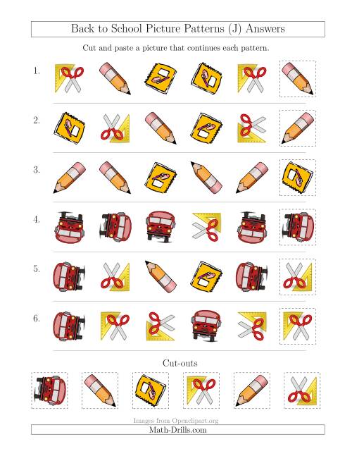 The Back to School Picture Patterns with Shape and Rotation Attributes (J) Math Worksheet Page 2
