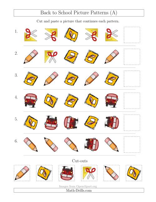 The Back to School Picture Patterns with Shape and Rotation Attributes (All) Math Worksheet