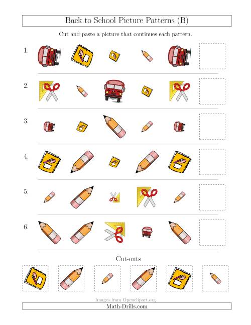 The Back to School Picture Patterns with Shape, Size and Rotation Attributes (B) Math Worksheet