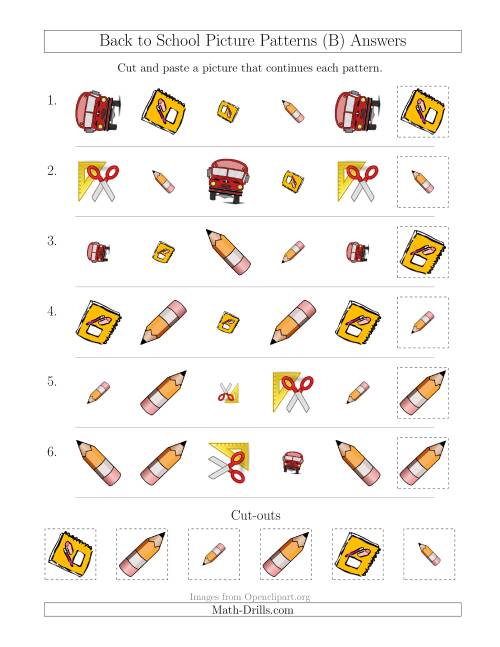 The Back to School Picture Patterns with Shape, Size and Rotation Attributes (B) Math Worksheet Page 2