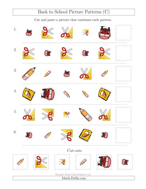 The Back to School Picture Patterns with Shape, Size and Rotation Attributes (C) Math Worksheet