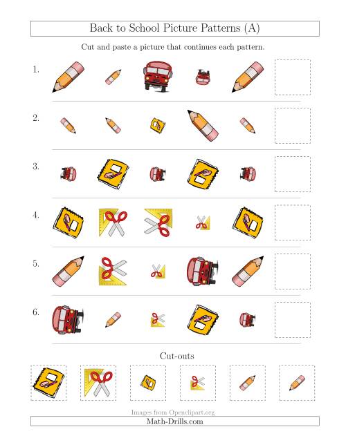 The Back to School Picture Patterns with Shape, Size and Rotation Attributes (All) Math Worksheet