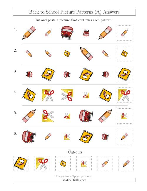 The Back to School Picture Patterns with Shape, Size and Rotation Attributes (All) Math Worksheet Page 2