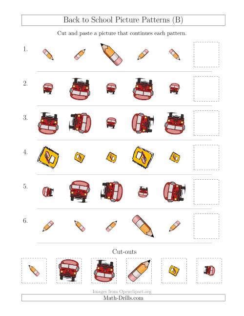 The Back to School Picture Patterns with Size and Rotation Attributes (B) Math Worksheet