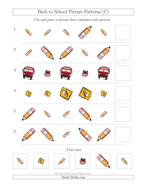 The Back to School Picture Patterns with Size and Rotation Attributes (C) Math Worksheet