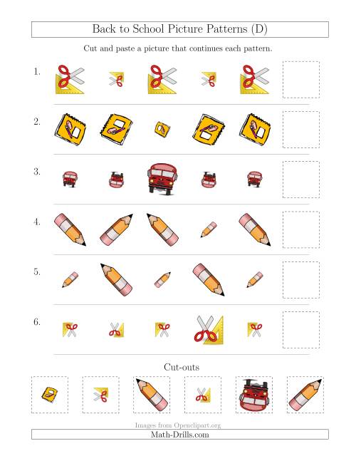 The Back to School Picture Patterns with Size and Rotation Attributes (D) Math Worksheet