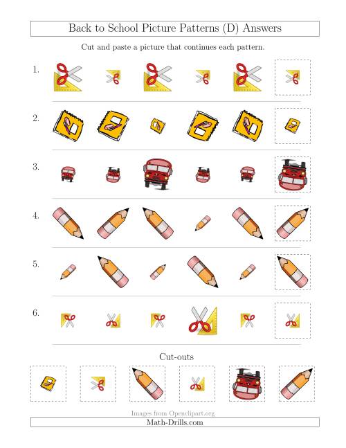 The Back to School Picture Patterns with Size and Rotation Attributes (D) Math Worksheet Page 2