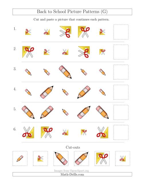 The Back to School Picture Patterns with Size and Rotation Attributes (G) Math Worksheet